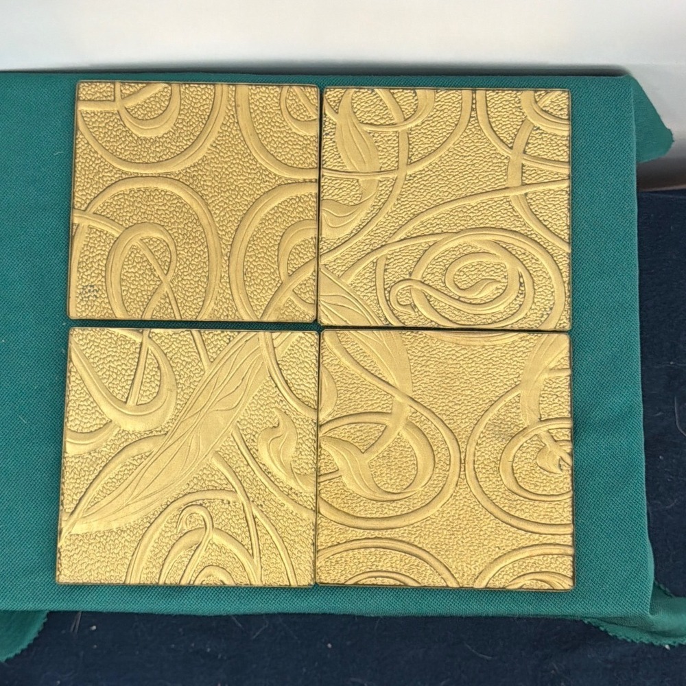 Vintage Gold Tone Art Nouveau Swirl Square Coasters Set of 4 MCM